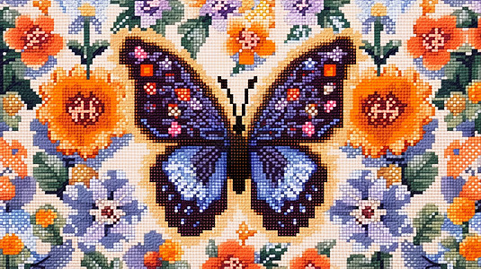 张开翅膀漂亮的蝴蝶与花朵十字绣图案卡通背景图片