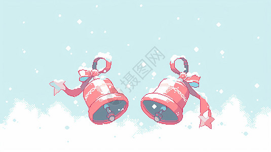 雪中两个红色喜庆的卡圣诞铃铛马赛克风背景图片
