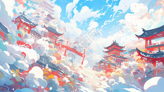 在高处的红色喜庆的古风建筑与祥云场景插画图片