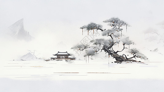 雪古松与古建筑水墨风山水画插画