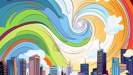 抽象彩色梦幻的城市卡通插画场景图片