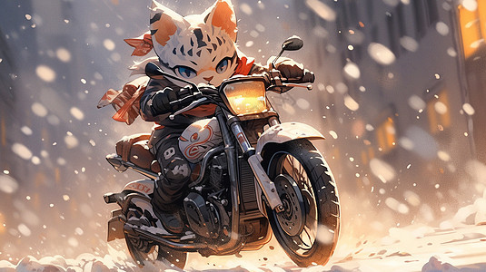 大雪中骑摩托车的卡通小花猫背景图片