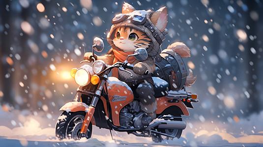 酷酷的卡通小猫骑摩托车在路上图片