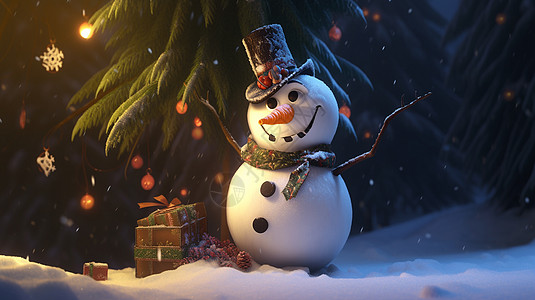 在圣诞树旁可爱的卡通雪人图片