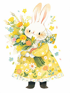 抱着花束可爱的卡通小白兔图片