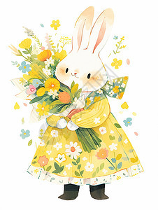 抱着花束可爱的卡通小白兔背景图片