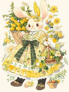 穿着黄色裙子手提花篮的可爱卡通小白兔背景图片