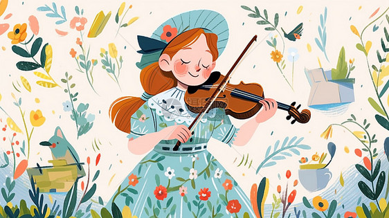 穿蓝色花裙子拉小提琴的可爱卡通小女孩图片