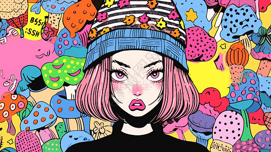 粉色短发戴着毛线帽时尚的卡通女孩图片