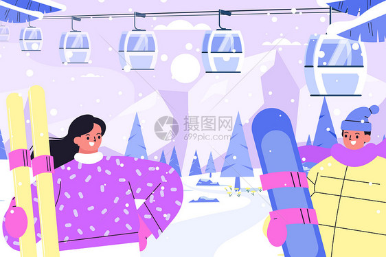 冬季情侣在滑雪场滑雪图片