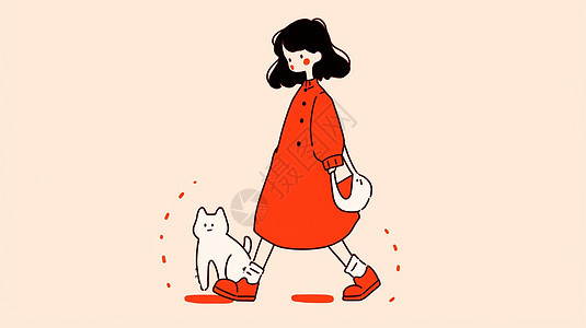 与小猫一起散步走路的可爱卡通小女孩图片