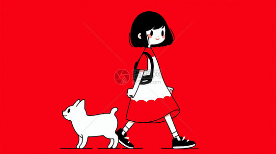 红色背景上可爱的卡通小女孩与小白猫图片