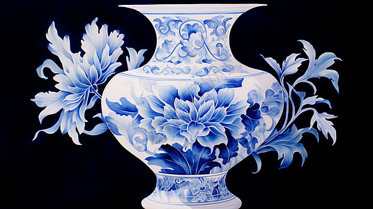 牡丹雕花的卡通青花瓷花瓶图案图片