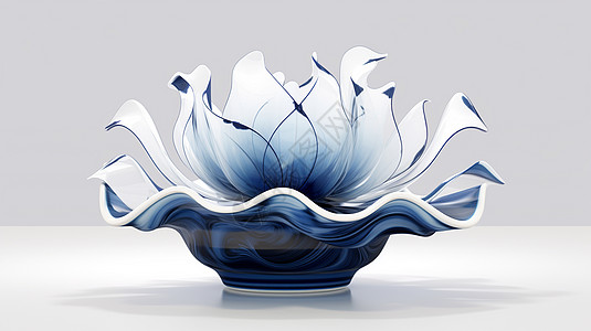 红木雕花抽象蓝色调花朵摆件插画