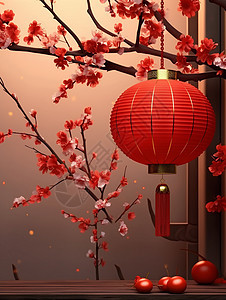 梅花枝与大红色的灯笼背景图片