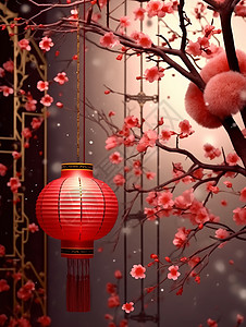 梅花枝与大红色的灯笼图片