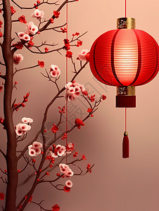 喜庆的节日梅花枝上挂着一个大红色的卡通灯笼高清图片