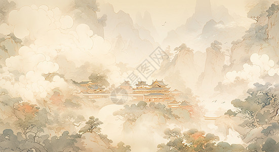 云雾缭绕的仙境山川中一座古建筑古风山水画背景图片