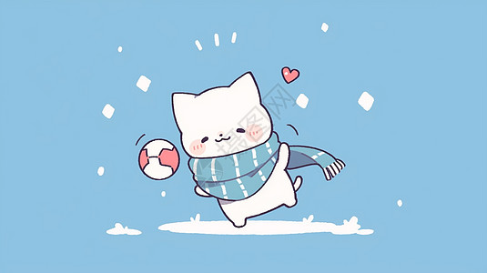 可爱的卡通小白猫在雪地中玩球背景图片