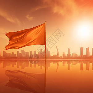喜庆的红旗与远处的卡通城市剪影图片