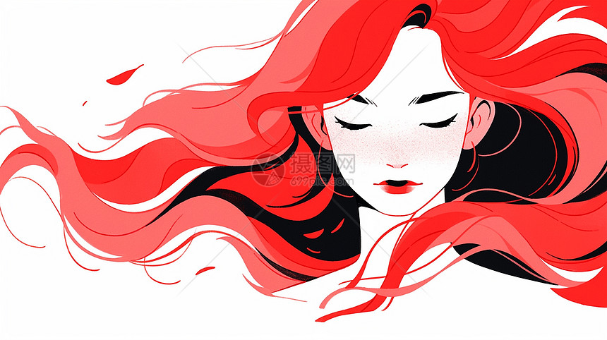 红色长发漂亮时尚的卡通女孩图片