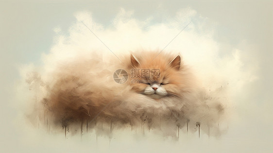趴在云朵上睡觉棕色可爱毛茸茸卡通猫图片