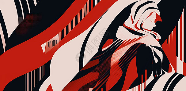 红黑复古条纹中一个抽象卡通女人高清图片