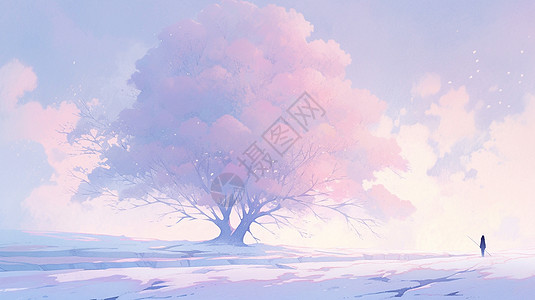 冬天淡粉色梦幻的卡通古树与小小的人物剪影图片