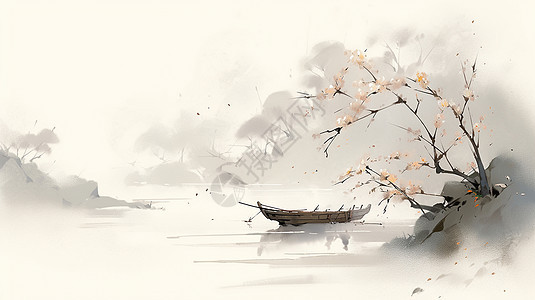 江面上一艘小船与盛开的梅花古风水墨画背景图片