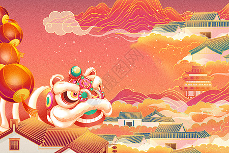 中国风电商喜迎新年醒狮插画插画