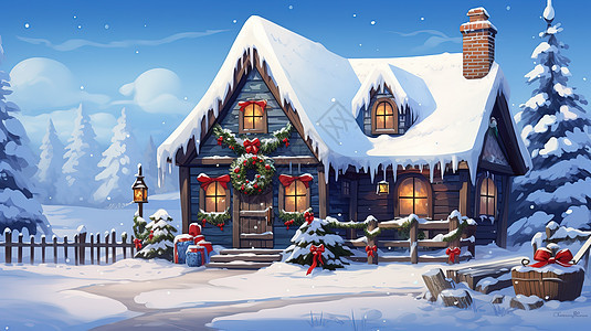 圣诞小屋门口装饰背景图片