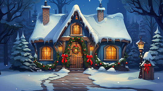 雪中圣诞门口的装饰背景图片