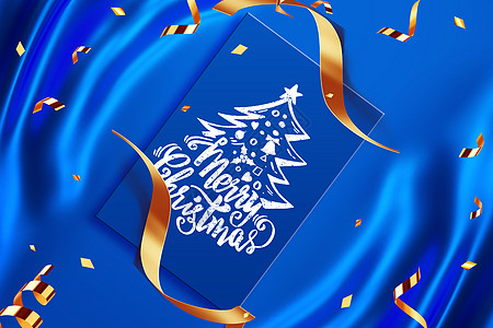 麋鹿圣诞老人圣诞节蓝色丝绸贺卡设计图片