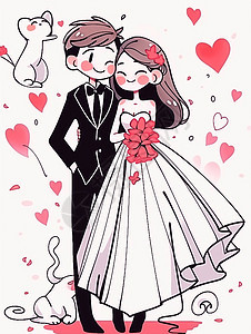 手拿红色花朵的新娘幸福拍婚纱照的卡通情侣图片