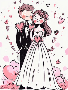 幸福开心笑的卡通新郎新娘背景图片