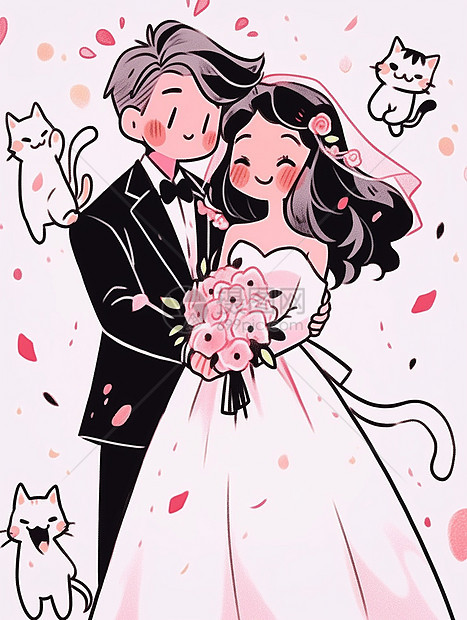 甜蜜幸福的卡通情侣结婚图片