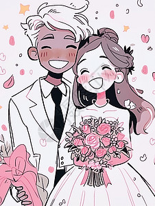 幸福的卡通情侣结婚了背景图片