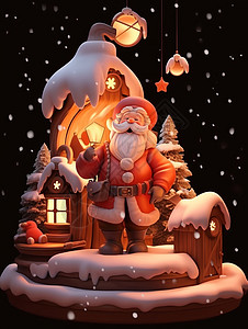 大雪中站在屋外唱歌的可爱卡通圣诞老人图片