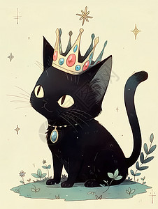 蹲坐在草地上戴着华丽皇冠可爱的卡通猫图片