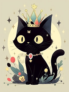 大眼睛戴着项链和皇冠的可爱卡通黑猫图片