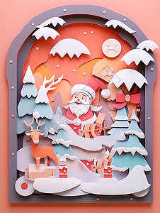 传统装饰画剪纸风可爱的卡通圣诞老人装饰画插画