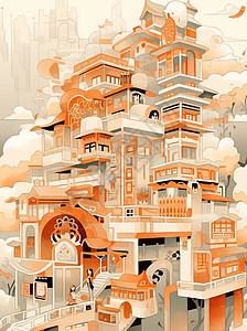 小清新科幻卡通多层复古房子背景图片