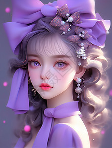 红唇围着紫色纱巾有大大蝴蝶结的漂亮卡通女孩背景图片