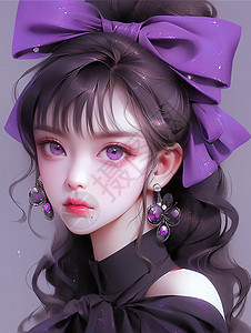 头戴紫色大蝴蝶结的年轻漂亮卡通女孩图片