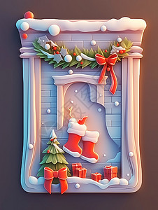白色立体可爱的卡通壁炉与圣诞靴背景图片