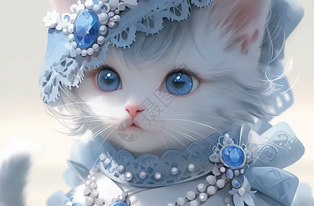 戴着蓝宝石帽子的漂亮卡通小猫图片