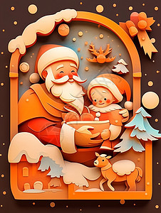 圣诞老人抱着娃娃端着美味的食物剪纸风卡通插画图片