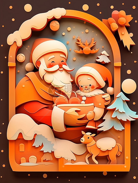 圣诞老人抱着娃娃端着美味的食物剪纸风卡通插画图片