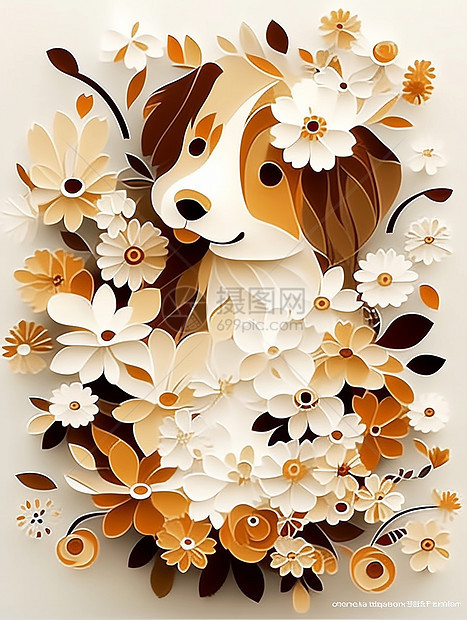被花朵围绕的可爱卡通小狗剪纸风图片