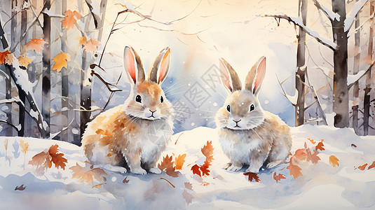 冬天在树林中的两只可爱卡通小灰兔图片